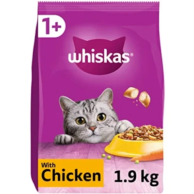 Image of Whiskas 1+ Chicken Pack of 4 x 1.9 kg Bags, Adult Cat Dry Food