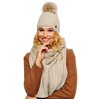 Image of ELIMELI® Cashmere Hat Women&#039;s Winter Warm Knitted Wool with Faux Fur Bobble Slouch Beanie Women for Made in EU, Beige set scarf, One size