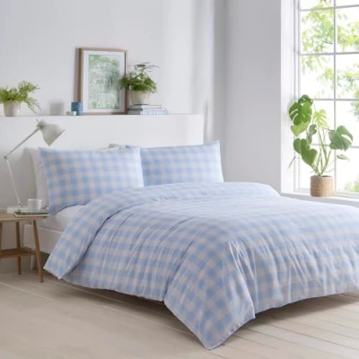 Image of Portfolio Home Gingham Check Blue Double Soft Easy Care Bed Linen Bedding Duvet Cover Quilt Set With Pillow Cases