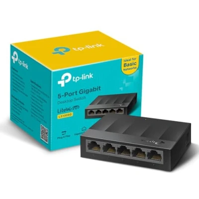 Image of TP Link LS1005G 5 Port Desktop/Wallmount Gigabit Ethernet Switch/Hub, Network Splitter, Plug and Play, Plastic Case, Black
