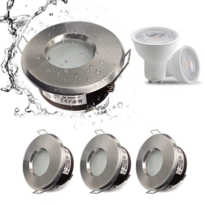 Image of 4XSweier Waterproof LED Bathroom Spotlights IP65, 5W Warm White 3000K 450LM, Suitable for and Kitchen Downlights Ceiling (Including GU10 Bulbs) Satin Nickel Downlight Cut Out 68mm