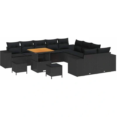 Image of vidaXL 13 Piece Garden Sofa Set with Cushions Black Poly Rattan Acacia