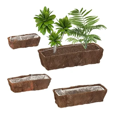 Image of Set of 4 Flowerpots, Coconut Fibre, Square, Sizes, Garden, Balcony &amp; Windowsill, Planter with Foil, Natural Relaxdays