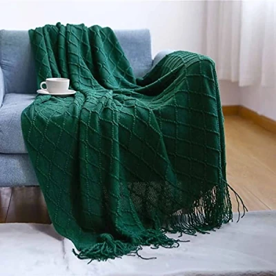 Image of LumiSyne Knitted Throw Blanket With Tassel Solid Color Geometric Plaid Pattern Cozy Couch Cover Soft Bedspread Decorative For Sofa Bed Settee 230x130cm
