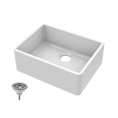 Image of 595mm Single Bowl Fireclay Butler Kitchen Sink Chrome Strainer Waste