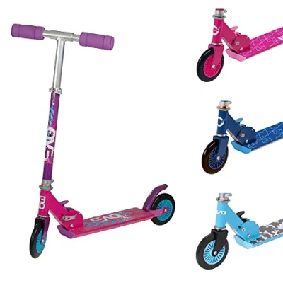 Image of EVO Inline Childrens Scooter 2 Wheeled Kids&#039; Kids Push Adjustable Handle Height Easy Foldable For Boys And Girls Ages 5+ (Pink &amp; Purple)