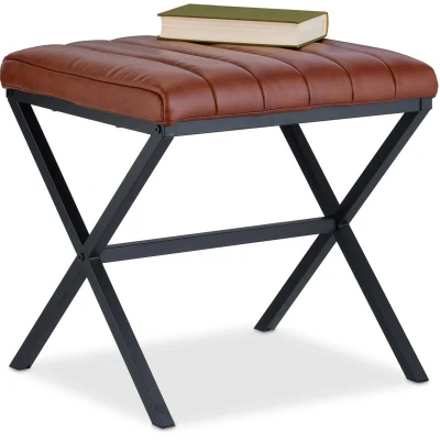 Image of Relaxdays Upholstered Stool, Faux Leather, Metal, Modern Decorative Design, Footrest, HWD: 46 x 47 42 cm, Black/Brown, Iron
