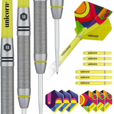 Image of Unicorn Professional Darts Set Flair 5 80% Natural Tungsten Barrels with Black &amp; Yellow Accents Laser Etched U Logo Hallmark Steel Tip 24 g Extra Flights Shafts