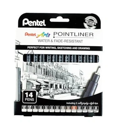 Image of Pentel Pointliner Pigment Liner Technical Drawing Fineliner Pen S20P 0.03mm to 3.0mm Black, Sepia, Sanguine &amp; Grey Ink Pack of 14