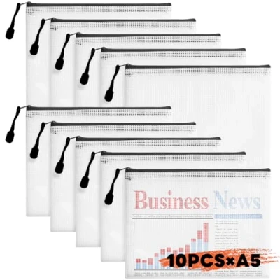 Image of AiQInu Pack of 10 Document Wallets A5 Filing, Folder Waterproof, Zip Pockets, A5, Mesh Bag with Zip, Pockets