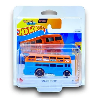 Image of Hot Wheels Trouble Decker (Orange &amp; Blue Let&#039;s Race) 5/5 HW Fast Transit 2024 126/250 (Short Card) includes a KLAS Car Keeper Protector Case HTD46