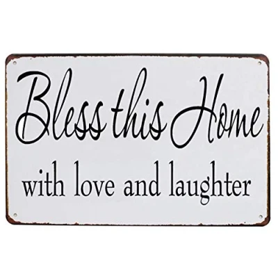 Image of Hioni Bless This Home with Love and Laughter, Metal Tin Sign, Vintage Plaque Wall Decor