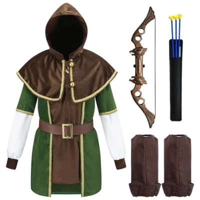 Image of Children&#039;s Robin Hood Costume with Bow and Arrow for Boys Girls, Green, Brown, Size 110/116