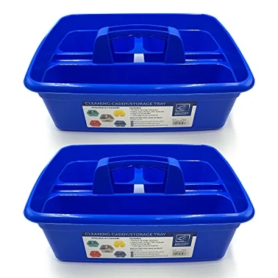 Image of Cleaning Caddy Tray Box Housekeeping Cleaners Tote Basket with Handle Carry Grips Ideal Under Sink Kitchen Storage for Products Carrier Tool Organiser (Blue 2 Pack)