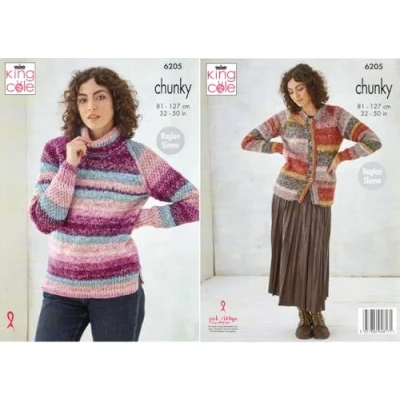 Image of King Cole Ladies Knitting Pattern Womans Chunky Sweater &amp; Cardigan (6205)