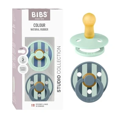 Image of BIBS Pacifiers Colour Studio 2 Pack Round Nipple Baby Pacifier BPA Free Natural Rubber Latex Soother Made in Denmark Size 6+ Months Block Nordic Mint Petrol
