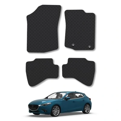 Image of Rubber Car Mats Compatible with Mazda 3 (2013 2019) Tailored Fit Floor Set Accessory Black Custom 4 Pieces Clips Anti Slip Backing, Heavy Duty &amp; Waterproof