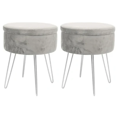 Image of Harbour Housewares 2x Grey/Silver H45 x D36cm Round Velvet Storage Footstools Living Room Dressing Table Footstool Ottoman Pouffe Chair Seat