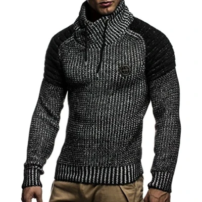 Image of Leif Nelson Men&#039;s Pullover Knit Sweater Chunky Shawl Collar LN 5235 Black Ecru XX Large
