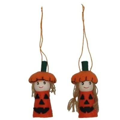 Image of gisela graham Felt/Wood Pumpkin Kids Mini Hanging Decoration Set of 2
