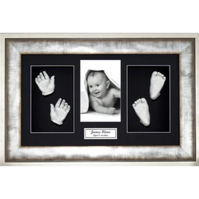 Image of BabyRice Large Baby Casting Kit (Great for Twins!), 14.5x8.5&quot; Urban Metal Frame, Black Mount, Silver Metallic Paint