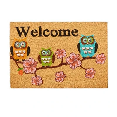 Image of Relaxdays Welcome Flowers and Owls Doormat Coir, 40x60 cm, Door Mat Inside &amp; Outside, Non Slip, Multicoloured