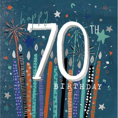 Image of Woodmansterne Mens 70th Milestone Birthday Card Age 70 Candles and Sparklers with Foil Details Eco Friendly Recyclable