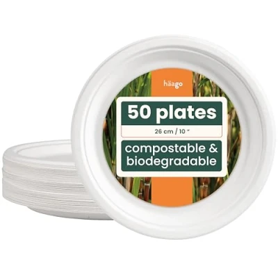 Image of HAAGO 50 Eco Friendly Sugarcane Plates Biodegradable &amp; Compostable for Hot Cold Food, BBQs, Outdoor Events, Picnics 26cm