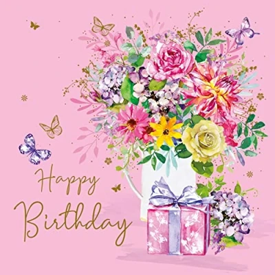 Image of Stunning Ladies Happy Birthday Card Colourful Vase of Flowers with Pretty Gold Foil Detailing