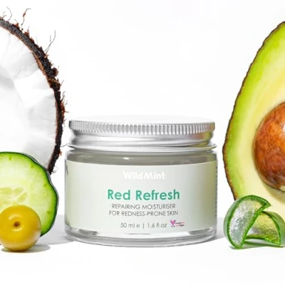 Image of WildMint Red Refresh Natural Moisturiser Hydrating Face Cream for Redness Prone, Sensitive, Dry, Mature Skin Repairs &amp; Calms with Macademia UK Made Vegan Cruelty Free Skincare 50ml