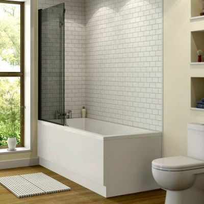 Image of Ceramica Straight Square Bath Bundle 1700 x 700mm With Black Shower Screen &amp; Front Panel
