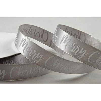 Image of Silver Satin Ribbon with White Merry Christmas Print 15mm x 1 Metre Cut from roll