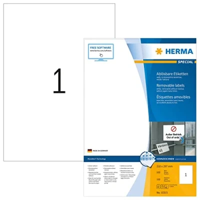 Image of HERMA Self Adhesive Removable Labels, 1 Label per A4 Sheet, 100 Sheets, 210 x 297 mm, Blank Multipurpose Labels Stickers, Sticky for Laser &amp; Inkjet Printer, White