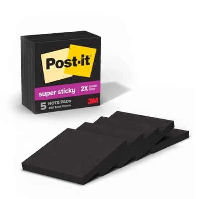 Image of Post it Super Sticky Notes, 2X Sticking Power, Black, 5 Pads/Pack (654 5SSSC)