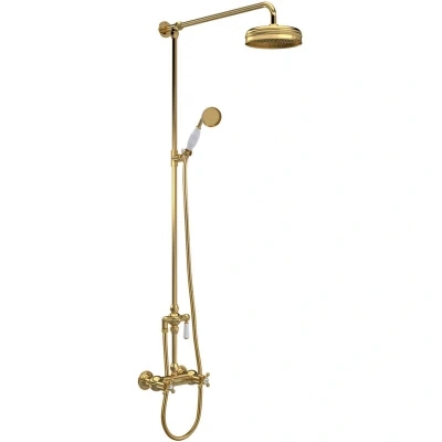 Image of Hudson Reed A8117 Topaz Traditional Bathroom Thermostatic Shower Valve with Top Outlet and Diverter Handset Hose Crosshead Handles Hexagonal Collars, 1245mm x 200mm, Brushed Brass