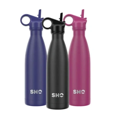 Image of SHO Stainless Steel Water Bottle with Straw and Screw Lid Leakproof, BPA Free, No Sweat, Vacuum Insulated Double Walled Metal Flask, 500ml Original 2.0 12 Hours Hot 24 Cold (500ml, Black)