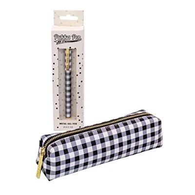 Image of Pukka Pad Slim Pencil Case with Metal Gel Pen Includes 20 x 5cm Zip Close Pouch Refillable Black Ink for Back to School or Professional Office Settings Buffalo Check