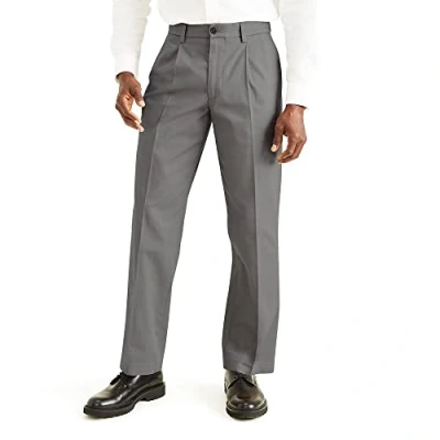 Image of Dockers Men&#039;s Classic Fit Signature Khaki Lux Cotton Stretch Pants Pleated (Regular and Big &amp; Tall) Casual, Burma Grey, 44W x 30L