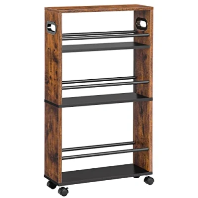 Image of HOOBRO Slim Storage Trolley, Narrow Kitchen Cart, Slide Out Trolley on Wheels, 4 Tier Rolling Utility Cart with Handle, for Small Space, Bathroom, Living Room, Rustic Brown EBF15TC01
