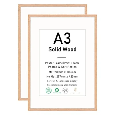Image of A3 Certificate Picture Frame, OAK Wood Photo Frame with Mount for A4 print, Poster plexiglass Wall Display, 29.7x42 cm, Set of 2