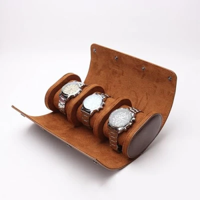 Image of kaxay Watch Box Roll Travel Case 3 Slots for Men Retro PU Leather Organizer Holder Vintage Display Jewelry