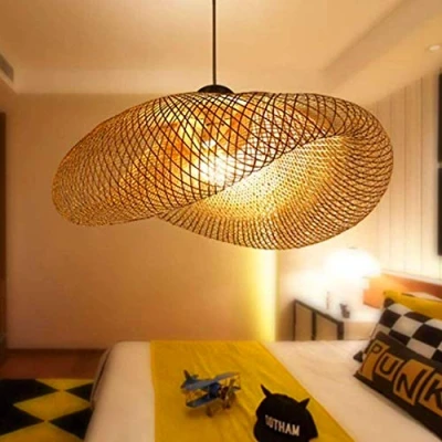 Image of E27 Pendant Light Wood Vintage Bamboo Lantern Ceiling Retro Round Chandelier Hand Woven Rattan Lampshade Lamp Restaurant Living Room Bedroom Office Decorative Lighting Hanging Light,50cm