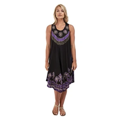 Image of Magritta Women Plus Size Sleeveless Tie dye Beach Summer Knee Length Sundress (One (12 24) UK, Black Purple)