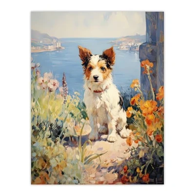 Image of Artery8 Jack Russell Terrier Floral Dog Portrait Oil Painting Large Wall Art Poster Print Thick Paper 18X24 Inch