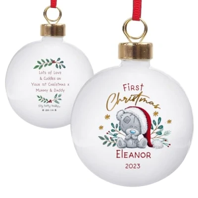 Image of Personalised First Christmas Bauble. Tiny Tatty Teddy 1st Christmas.