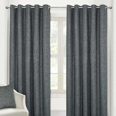 Image of HOMESCAPES Dark Grey Textured Boucle Blackout Curtains Pair Width 228cm (90&quot;) x 182cm (72&quot;) Drop Genuine 3 Pass Lining Heavy Weight Eyelet Curtain