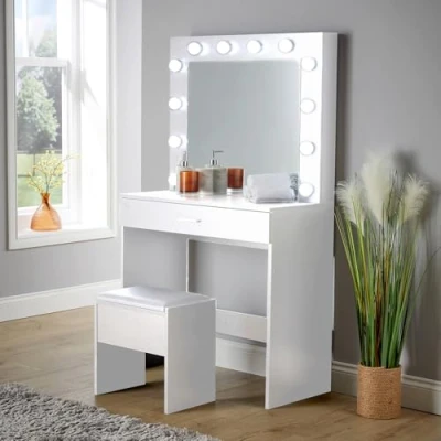 Image of Home Source Dressing Table Set, LED Lights Mirror, 1 Drawer Makeup Table, Padded Stool, Vanity Desk Station, White