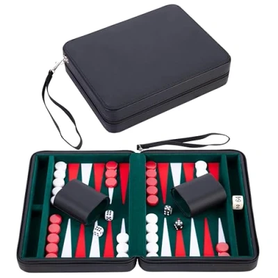 Image of Engelhart 250502 Travel Backgammon Set, Inlay Felt, 9 inch Deluxe Game Set with Black Zipper Closure (green, red, white)