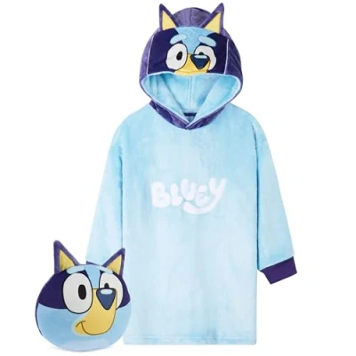 Image of Bluey Girls Fleece Poncho Cosy Oversized Hoodies for Kids Gifts (Blue, 4 6 Years)