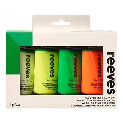 Image of Reeves Acrylic Paint Highly Pigmented Colours Water Based Colour Paints for Artists Art Supplies Adults &amp; Kids Suitable Canvas, Fabric, Metal More 4x75ml Fluorescent Pack